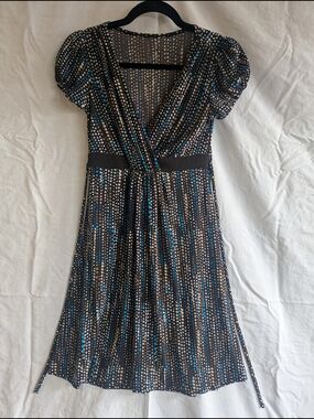 Women's Brown Polka Dot Wrap Dress with Blue Accents